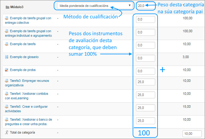Categoría con instrumentos de avaliación ponderados