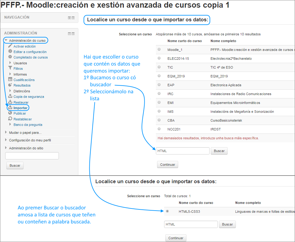 Escoller o curso do que importar elementos