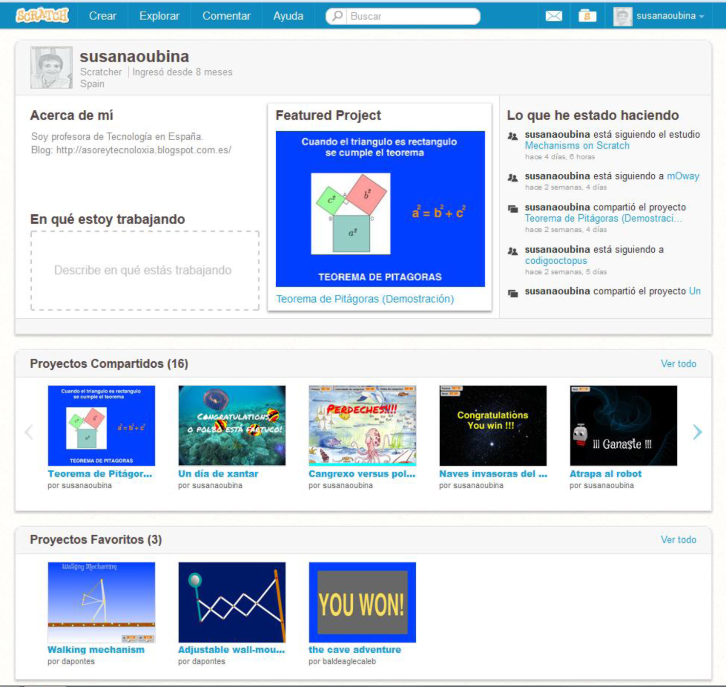 Interfaz Perfil de la web de scratch