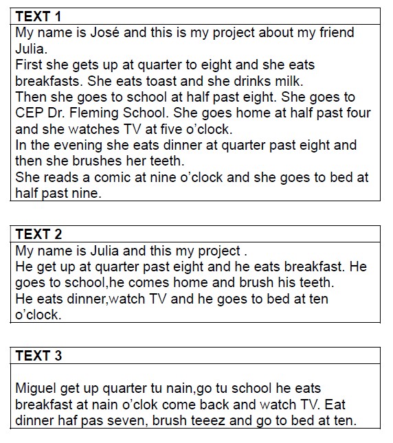 Textos de exemplo para a rúbrica