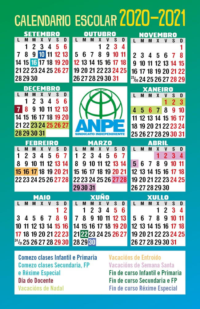 Calendario escolar do curso 2020/2021