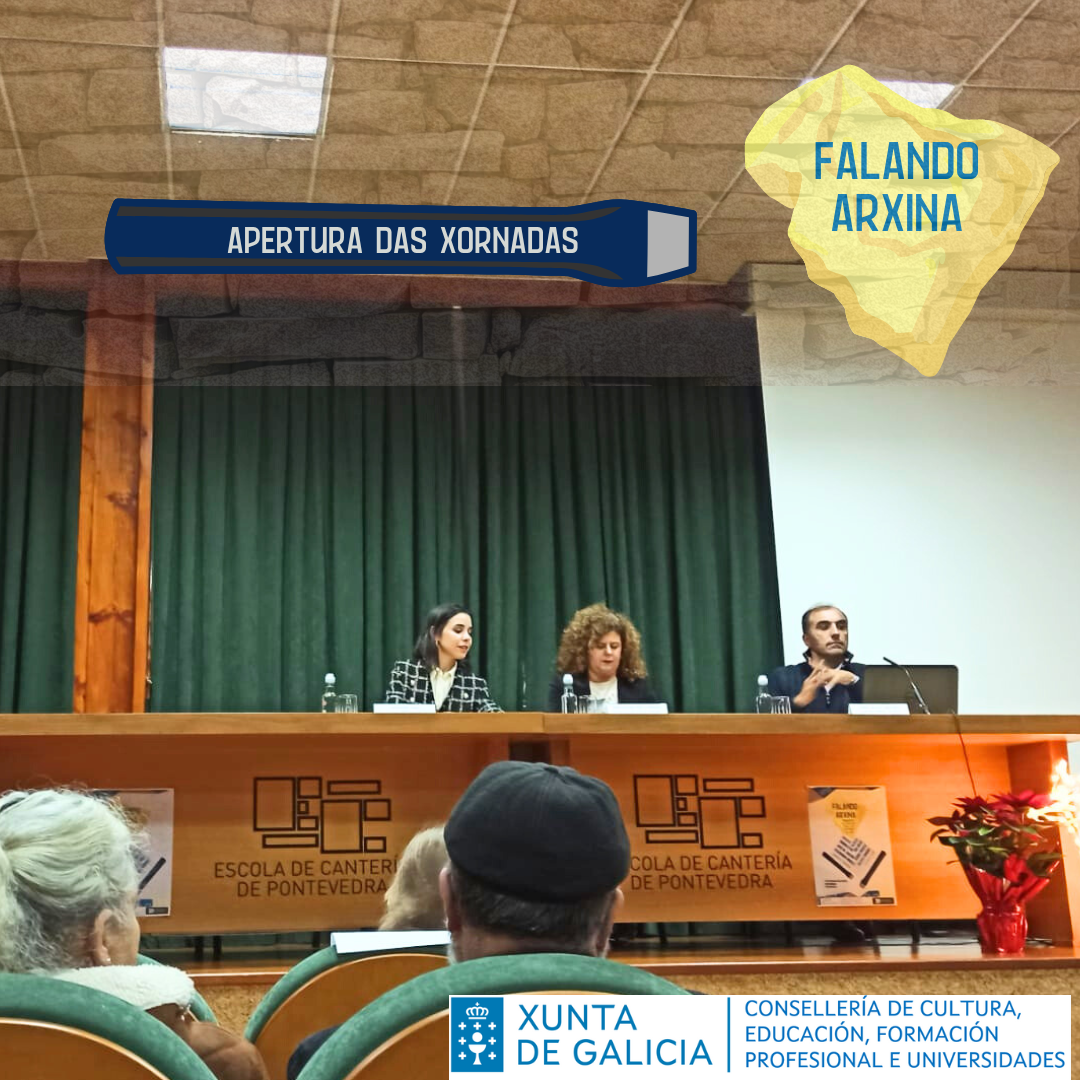 Apertura das xornadas a cargo da directora xeral de Formación Profesional María Eugenia Pérez, o alcalde do Concello de Poio Ángel Moldes, e a coordinadora da Escola de Canteiros, Lucía e