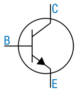 Símbolo de un transistor NPN. Consiste en un círculo con tres segmentos equidistantes, hacia fuera, representando los terminales. El emisor está marcado con una punta de flecha hacia fuera, mientras que la base tiene en el interior del círculo un segmento perpendicular y el terminal restante es el colector.