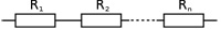 Dos resistencias en serie, R sub 1 y R sub 2 unidas a su vez en serie y mediante puntos suspensivos con otra resistencia R sub n.