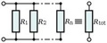 Dos resistencias en serie, R sub 1 y R sub 2 unidas a su vez en serie y mediante puntos suspensiovos con otra resistencia R sub n y un símbolo de equivalencia con una resistencia R sub tot.