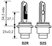 Lámparas de Xenón D2R y D2S con cotas. En la D2R se puede observar que está dotada de una pantalla para el haz de cruce.