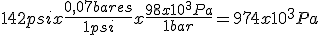 Se trata de ir multiplicando por las equivalencias entre los dos sistemas, hasta llegar a las unidades que interesan, las unidades idénticas en numerador y denominador se cancelan y al final queda la cantidad en la unidad buscada, en este caso ciento cuarenta y dos psi equivalen a novecientos setenta y cuatro mil pascales. 