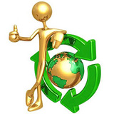 Muñeco apoyado sobre en globo terráqueo con el símbolo de renovable.