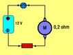 Un circuito formado por una batería de 12 voltios , un interruptor, un motor de 0,2 ohmios y un fusible.