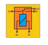 Esquema de un relé universal conmutador, indicando la misión de los bornes de conexión.