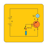 Circuito eléctrico en el que se representa el montaje de un transistor p-n-p alimentando a una lampara, en posición de desactivado.