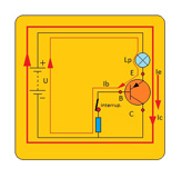 Circuito eléctrico en el que se representa el montaje de un transistor p-n-p alimentando a una lampara, se encuentra con la base excitada a través de una resistencia.