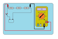 Representa un polímetro conectado a un circuito, formado por tres resistencias conectadas en serie. 