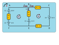Representa una malla formada por cuatro resistencias y cuatro baterías.
