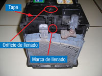 En la imagen se indican las pares de la tapa de una batería; orificio de llenado y marca de llenado.