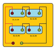 El dibujo muestra cuatro baterías, conectadas dos a dos en serie, y los dos grupos conectados en paralelo.