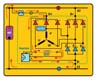En la imagen se muestra un circuito completo del alternador con un devanado en estrella, seis diodos de potencia, tres diodos de excitación y el regulador, indicando con flechas la dirección de la corriente de  preexcitación.