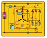 En la imagen se muestra un circuito completo del alternador con un devanado en estrella, seis diodos de potencia, tres diodos de excitación y el regulador, indicando con flechas la dirección de la corriente de  excitación.