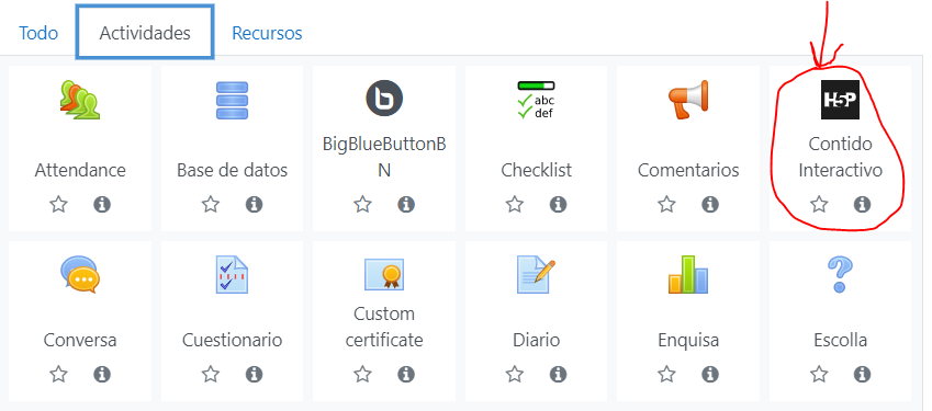 Pantalla inicial de creación de contenidos H5P