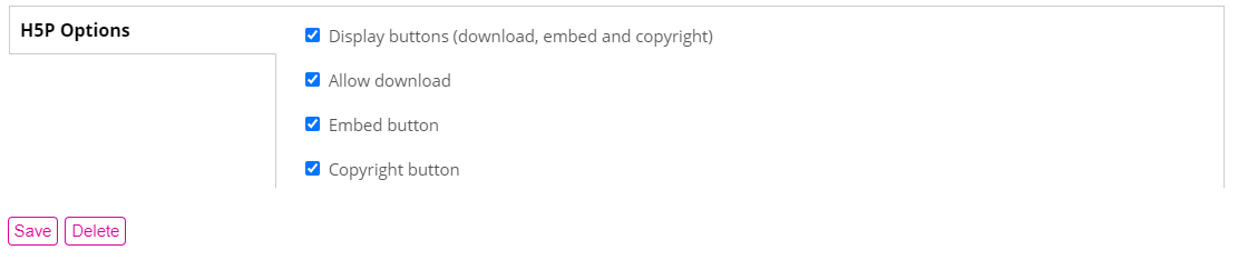 Botones de Save, Delete que se visualizan en la parte final del entorno de trabajo