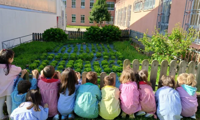 niños de infantil de espaldas mirando el huerto escolar