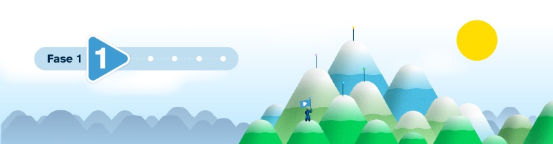 Imaxe de fondo da fase 1 en cREAgal. Representa á persoa escaladora acadando un dos cumios das montañas.