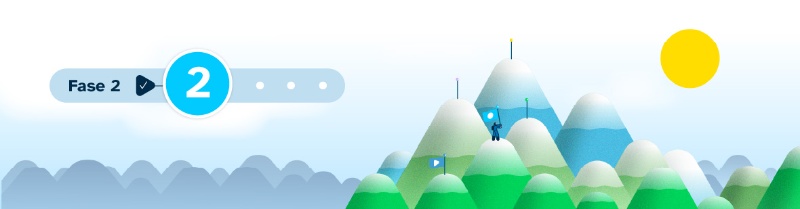 Imaxe de fondo da fase 2 en cREAgal. Representa á persoa escaladora acadando un dos cumios das montañas.
