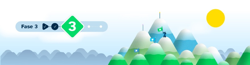 Imaxe de fondo da fase 3 en cREAgal. Representa á persoa escaladora acadando un dos cumios das montañas.