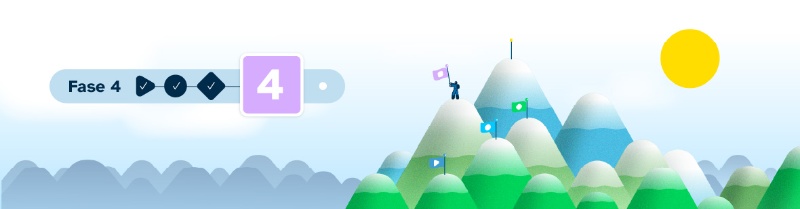 Imaxe de fondo da fase 4 en cREAgal. Representa á persoa escaladora acadando un dos cumios das montañas.
