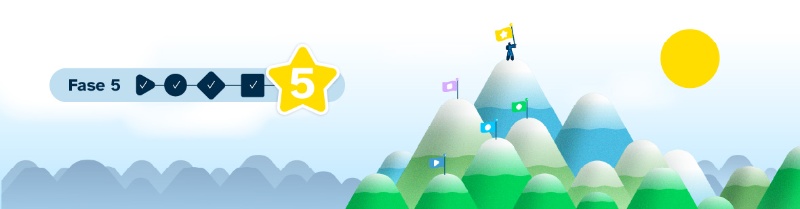 Imaxe de fondo da fase 5 en cREAgal. Representa á persoa escaladora acadando un dos cumios das montañas.
