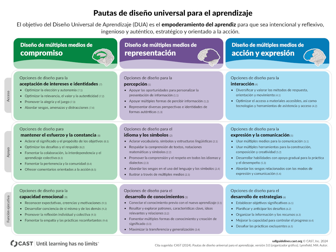 Ilustración das putas de deseño DUA. Na páxina existe un documento accesible en formato PDF coa mesma información.