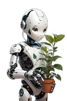 La imagen muestra un robot humanoide que sostiene y mira una planta con ternura