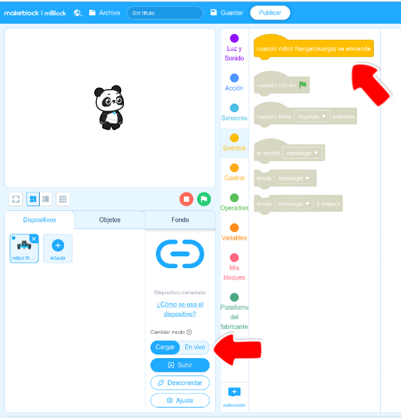 La imagen muestra la selección de modo de carga del programa en la placa controladoray el  único bloque de programación que podemos emplear de esta forma