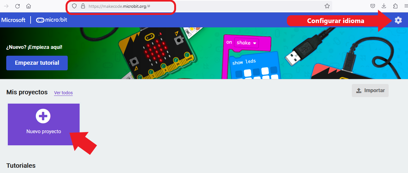Paso 1 para la configuración de la interfaz de MakeCode. Acceder al engranaje en la esquina superior derecha de la pantalla para configurar el idioma. Crear un nuevo proyecto en el apartado de nuevo proyecto.