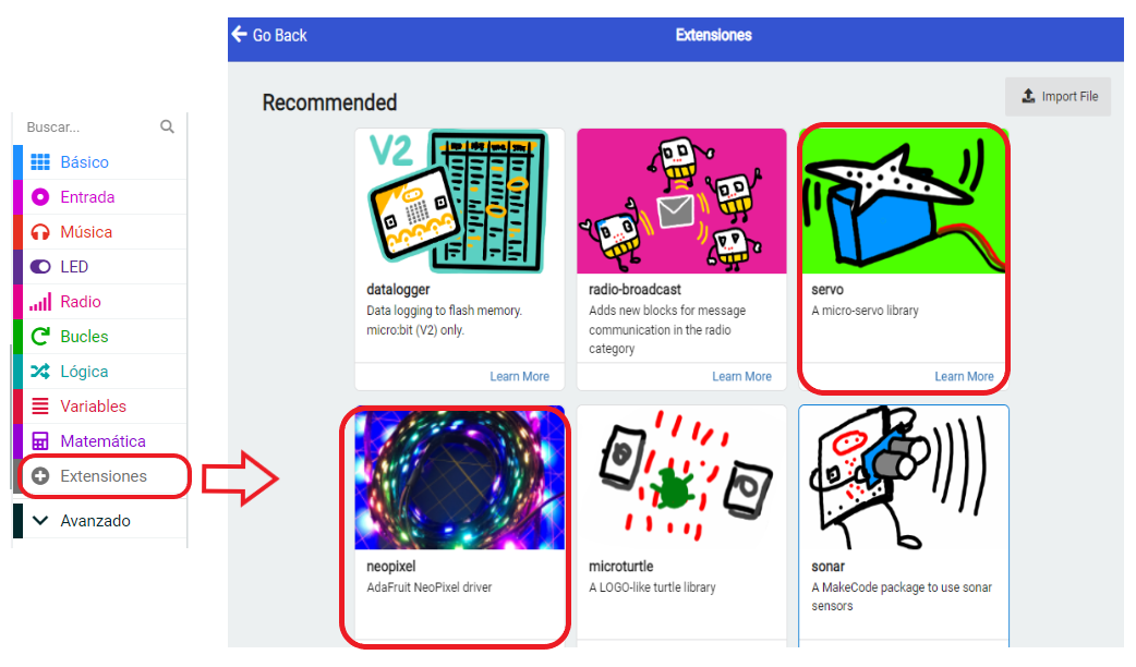 Empleo de extensiones en Microbit: extensión para el servo y extensión para la tira neopíxel