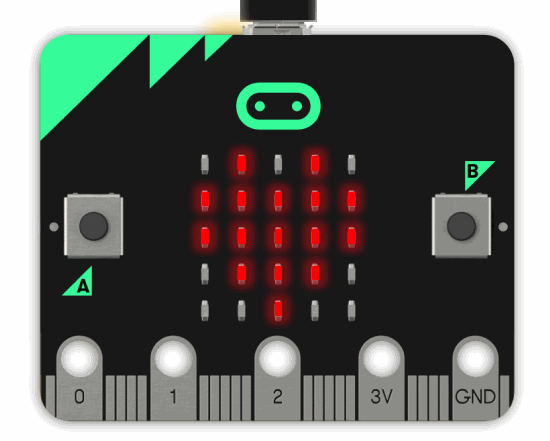 Matriz de LEDs Imagen que muestra una matriz de LEDs de la placa microbit cun corazón latexante