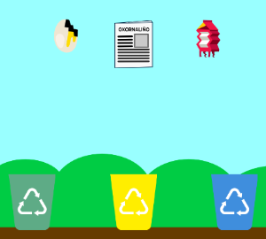 Imagen con contenedores selectivos de basura orgánica, papel, y envases y residuos para clasificar.