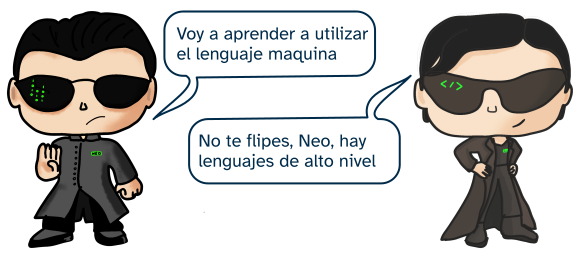 Diálogo entre dos personajes uno que quiere aprender lenguaje máquina y otra que le recomienda lenguajes de más nivel