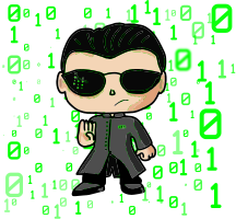 Imagen del protagonista de Matrix rodeado de ceros y unos