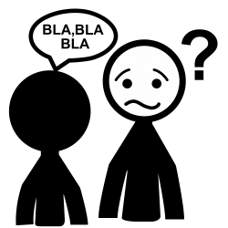 Pictograma que representa una persona que no entiende lo que le dice otra