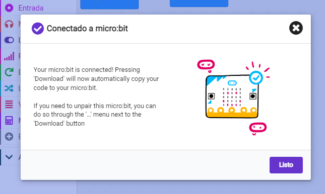 Mensaje de que la placa Microbit se ha conectado correctamente con el sistema.