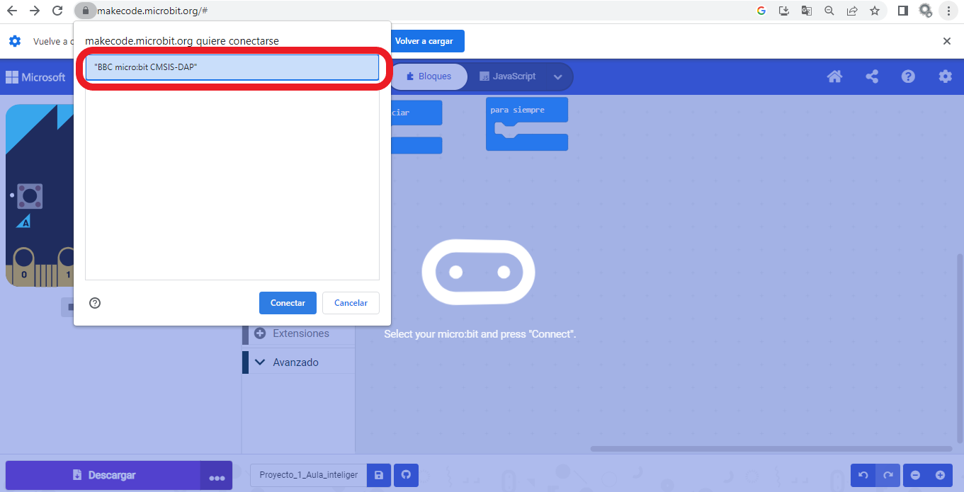 Elección de la placa BBC Microbit para su conexión