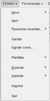 Captura do menú de eXe "Ficheiro"