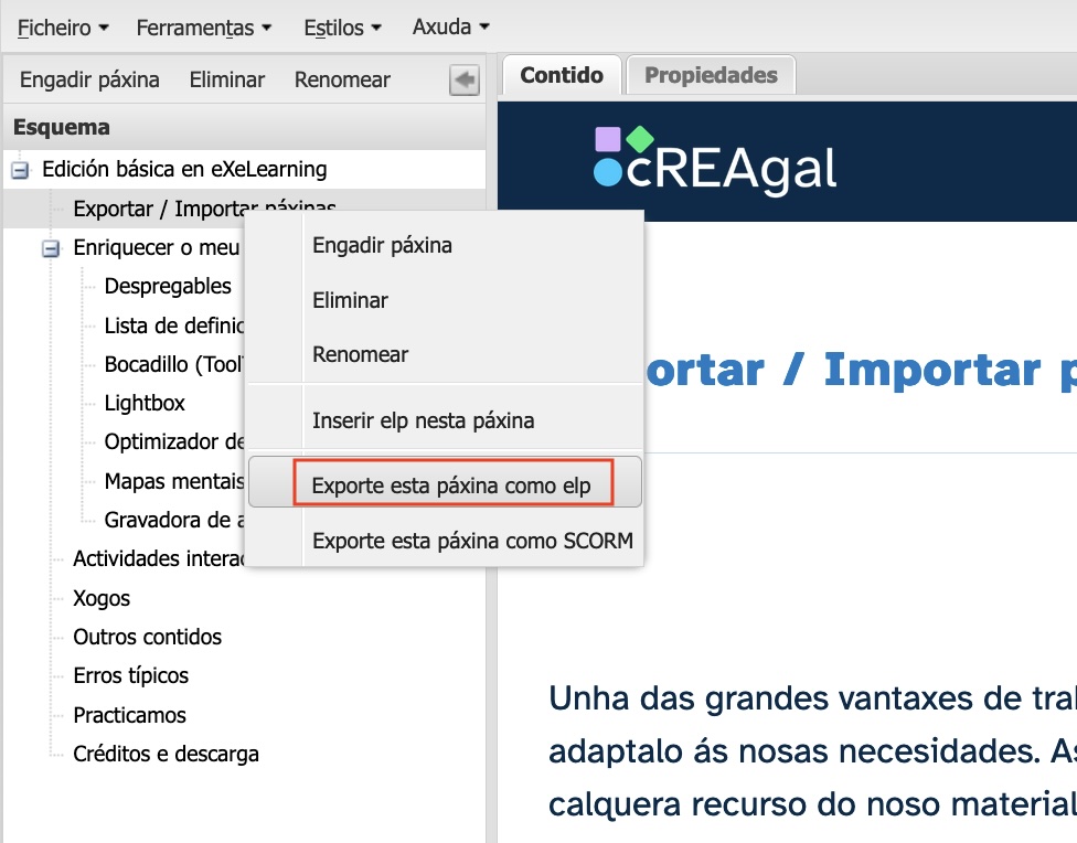 Exportar páxina sinxela