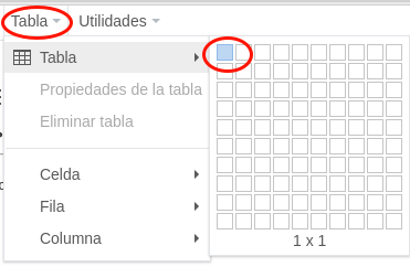 Insertar tabla con una celda