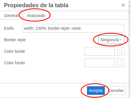 Propiedades de tabla