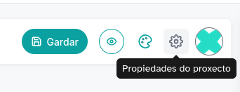 Captura do editor de eXeLearning que amosa a icona para activar o panel de propiedades do proxecto