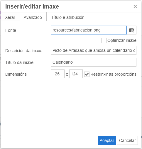 Imaxe que amosa unha ventá de configuración de imaxes.
