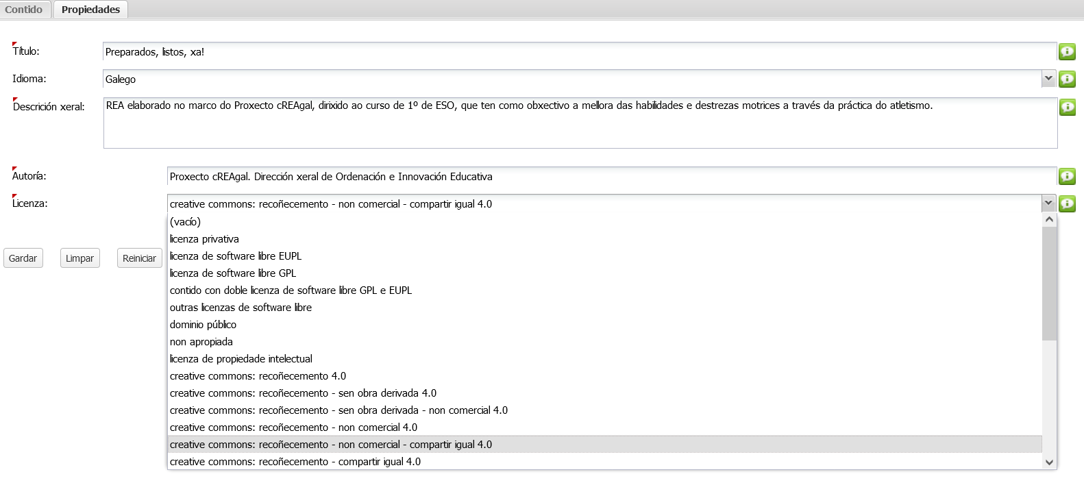 Elección de licenza en eXeLearning Captura de pantalla da lapela propiedades en eXeLearning