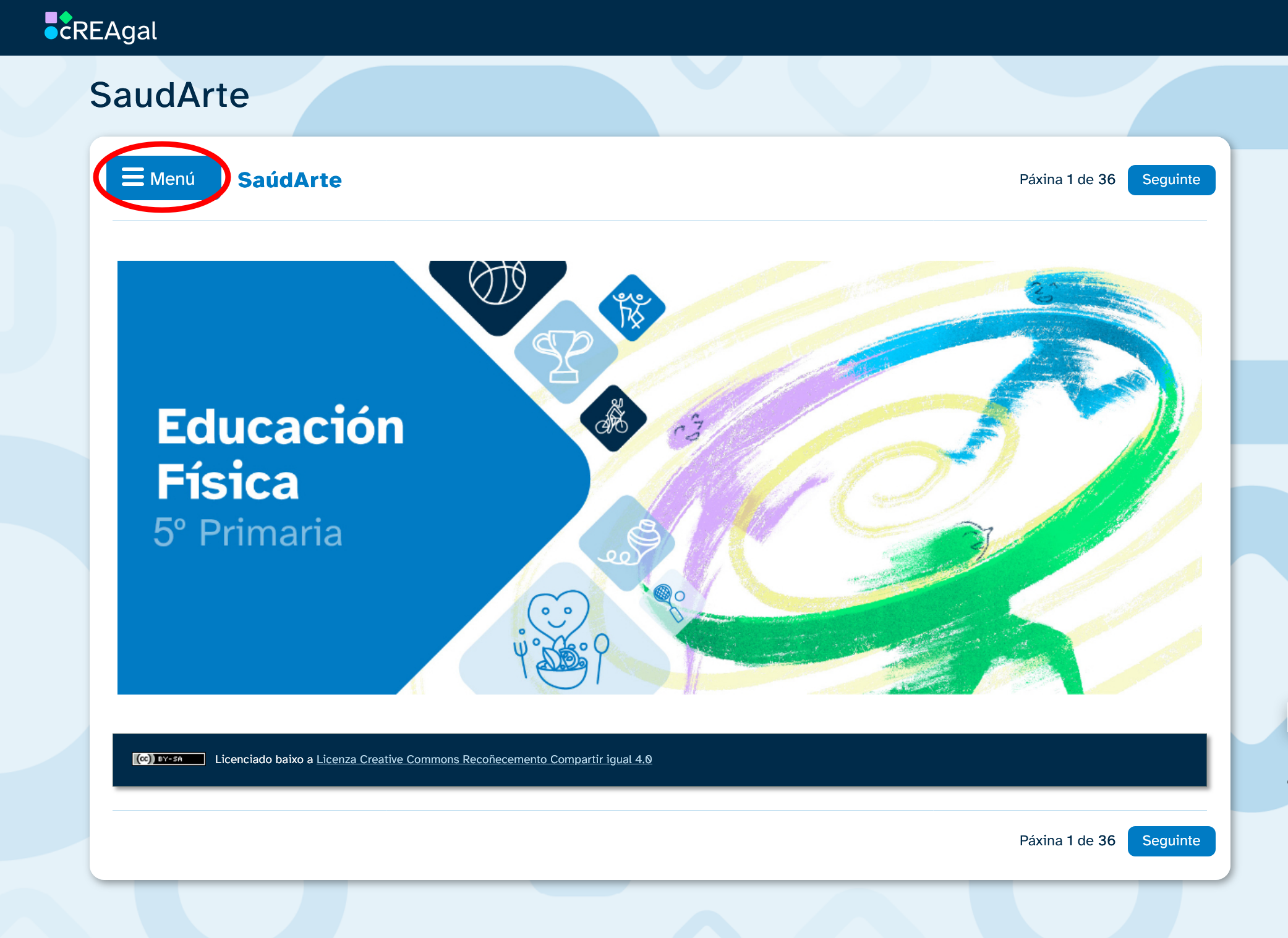 Exemplo de menú oculto Captura de pantalla de REA con menú oculto